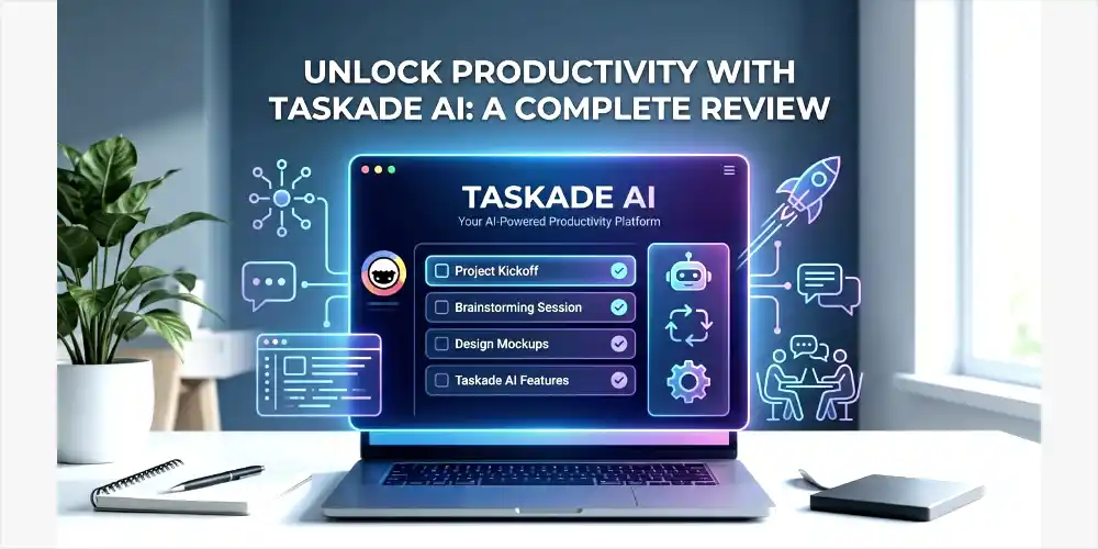 A vibrant and modern image illustrating a Taskade AI productivity platform review. A sleek laptop on a desk displays a task list with items like "Project Kickoff" and "Taskade AI Features" on a screen with holographic elements. Icons for automation, collaboration, and a rocket ship surround the display. Large text at the top reads: "UNLOCK PRODUCTIVITY WITH TASKADE AI: A COMPLETE REVIEW." The background shows a modern home office with a plant and natural light