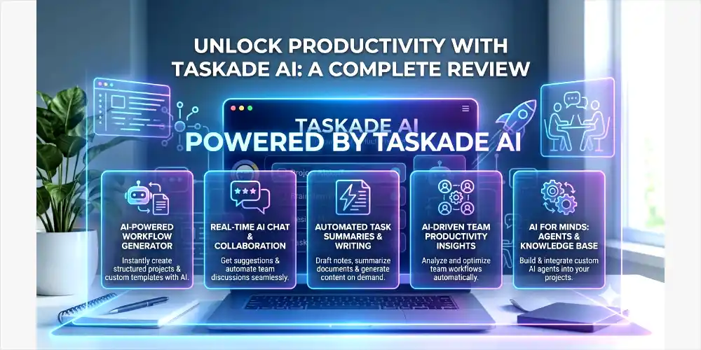 A wide-format banner image expanding on a Taskade AI review. It features the glowing blue and purple interface from image_0.WEBP with the title "UNLOCK PRODUCTIVITY WITH TASKADE AI