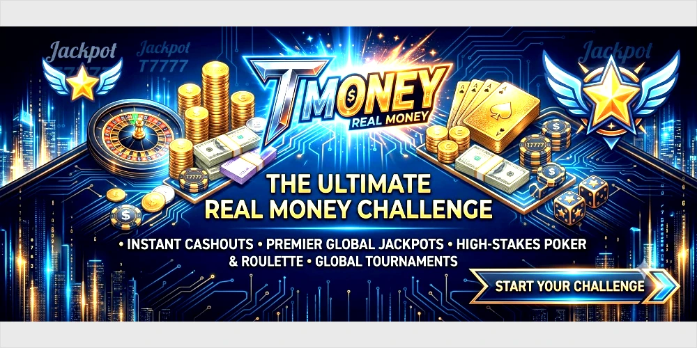 A dynamic panoramic banner ad for "TMoney Real Money" gaming with a high-tech metallic and cyber-metropolitan theme. 