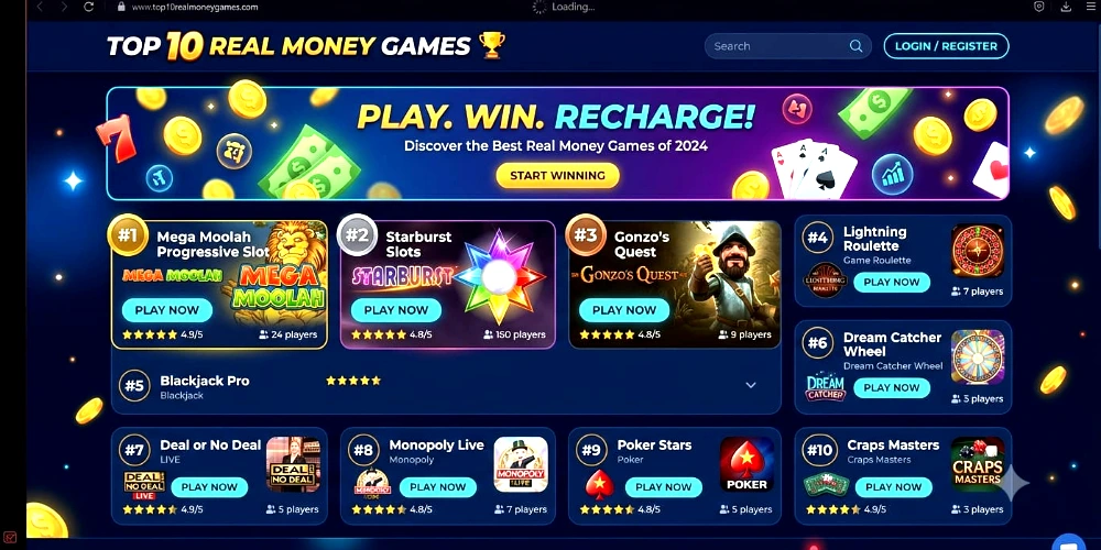 website homescreen mockup displaying the top 10 real money games with ranked UI cards, player counts, ratings, and promotional banners
