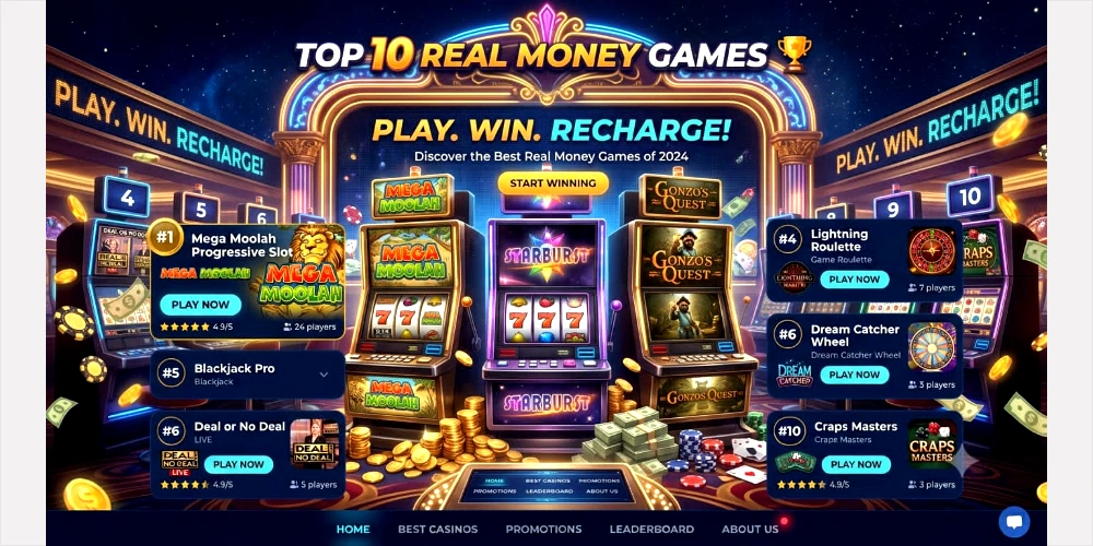 Website banner showcasing a top ten list for real money gaming platforms with falling gold coins and promotional cards