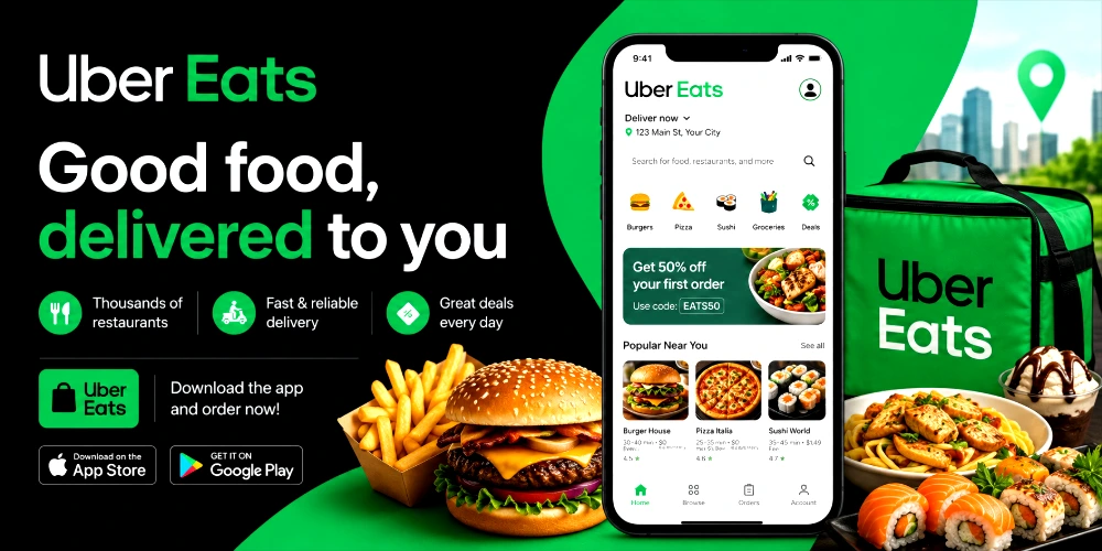 Uber Eats promotional banner featuring a smartphone displaying the Uber Eats app, food delivery options, restaurant listings, burgers, fries, sushi, and an Uber Eats delivery bag.