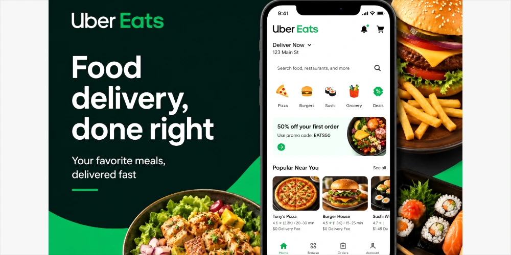 Uber Eats app homescreen displayed on a smartphone with food delivery options, restaurant listings, burgers, pizza, sushi, and promotional offers.
