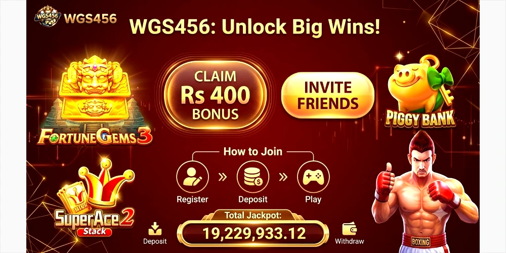 A promotional banner for the WGS456 online gaming platform in a luxurious gold and maroon color scheme. The top features the headline 'WGS456: Unlock Big Wins!' alongside a promotional offer to 'Claim Rs 400 Bonus' and 'Invite Friends'. Popular slot games including Fortune Gems 3, Piggy Bank, Super Ace 2, and Boxing King are illustrated.