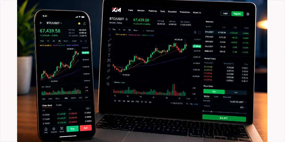 XM Trading app home screen displayed on a smartphone and laptop, showing live candlestick charts, market data, and trading tools for mobile and desktop trading.