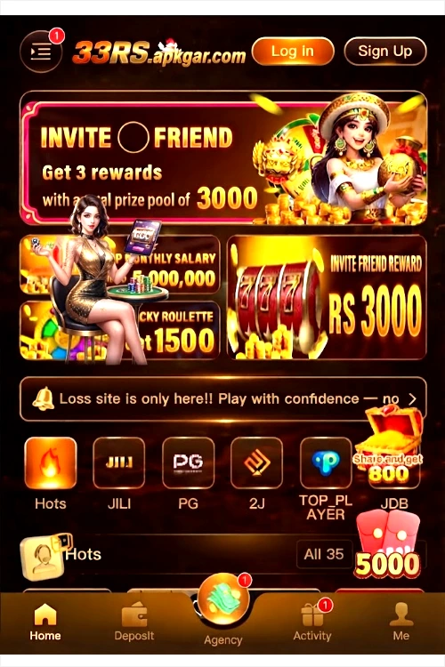 A screenshot of the mobile application dashboard for the 33rs game apk.apkgar.com online casino and gaming platform, featuring a dark and gold theme. The top banner advertises a "Share and get 800" bonus with treasure chests, alongside illustrations of women in formal wear and traditional attire holding gold coins and a tablet. Below this are game provider logos like JILI, PG, 2J, TOP PLAYER, and JDB. The bottom navigation bar includes icons for Home, Deposit, Agency, Activity, and Me. Key text highlights bonus amounts and a "Loss site is only here!! Play with confidence" message in Urdu.