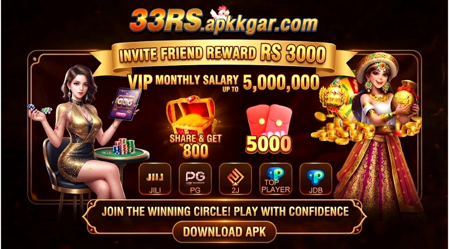 A promotional banner for the 33RS.apkkg.com online gaming platform, featuring two distinct female characters. On the left, a woman in a gold dress holds a tablet and casino chips. On the right, a character in traditional South Asian attire holds a golden pot and coins. Text highlights include "Invite Friend Reward Rs 3000," "VIP Monthly Salary Up to 5,000,000," "Share & Get 800," and "5000" bonus. Game provider logos like JILI, PG, 2J, TOP PLAYER, and JDB are displayed, along with a "Download APK" button.