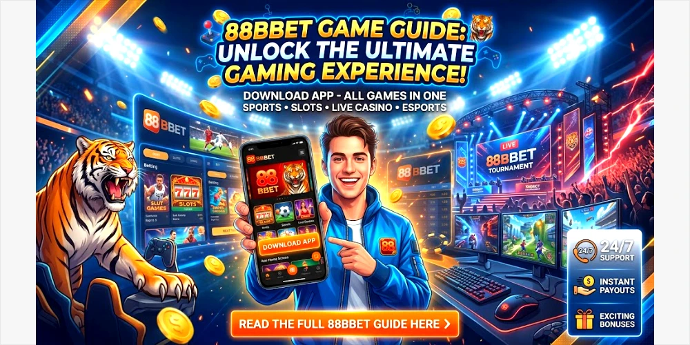 Panoramic blog banner featuring a smartphone displaying the 88BBET game app, surrounded by gaming setups, casino elements, and key features like instant payouts and 24/7 support.