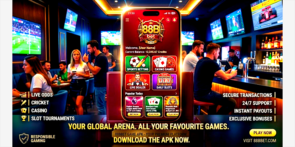 Promotional banner for the 88Bbet app displaying its features including sports betting on cricket and football, live dealer casino games, and slots in a premium bar and sports lounge setting.