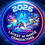 A colorful icon titled "2026 Latest AI Image Generators" showing a robotic arm and paintbrush generating a vibrant image of a shield with mountains, a lightning bolt, and "AI" on a digital tablet, symbolizing future creative innovation.
