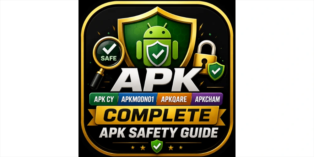 APK safety guide icon for APK CY, APKMODNO1, APKQARE and APKCHAM featuring an Android shield, security checkmark, lock and safe APK design