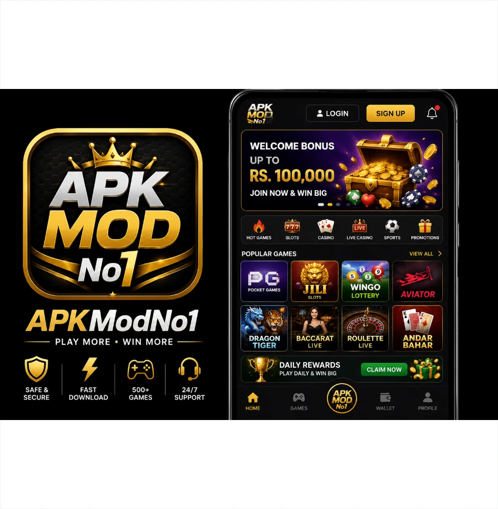 APKModNo1 game icon and home screen featuring black and gold branding, crown logo, popular games, daily rewards, login, and navigation