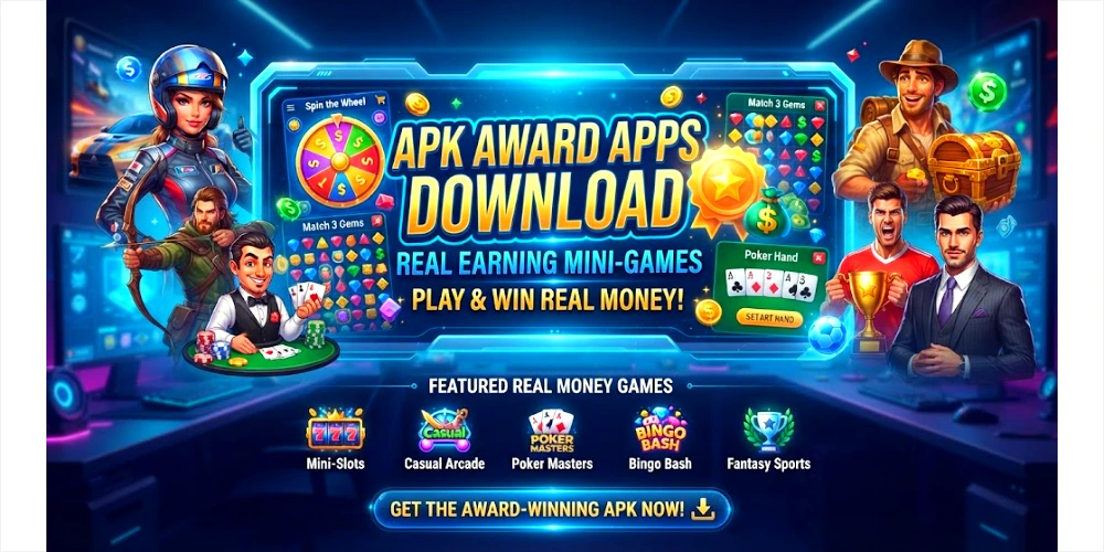 APK Award Apps Download banner featuring real-money gaming characters and mini-games
