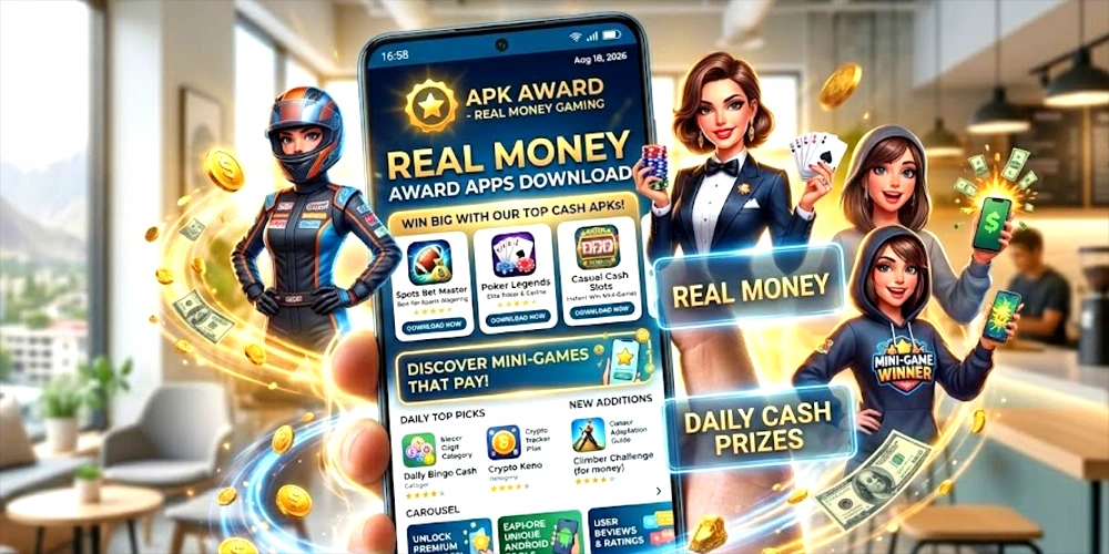 APK Award Apps Download homescreen featuring real-money gaming female characters and mini-games