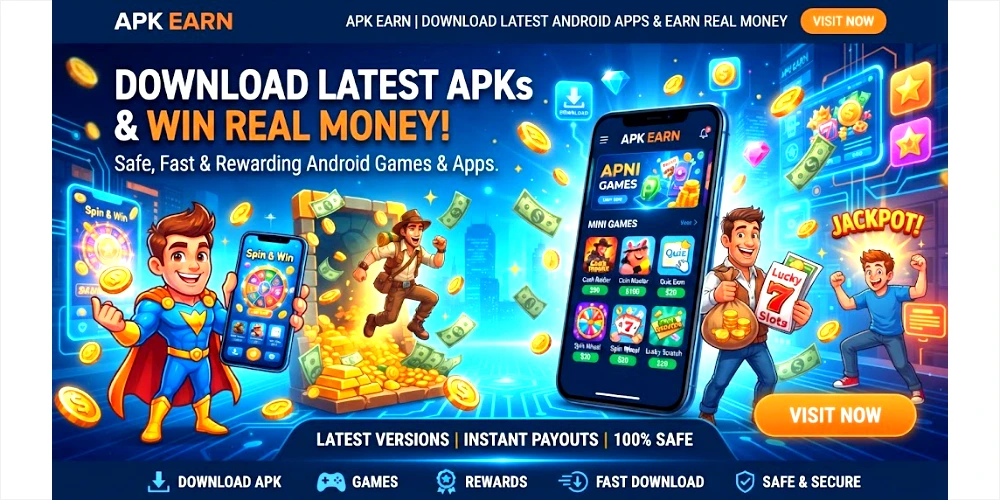 Vibrant banner for APK File Download website featuring a superhero and explorer celebrating winning real money from Android mini-games on smartphones.