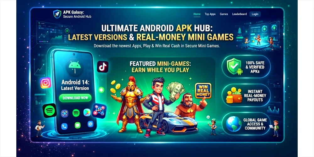 APK File Download latest version website home screen featuring real-earning mini games and Android game characters