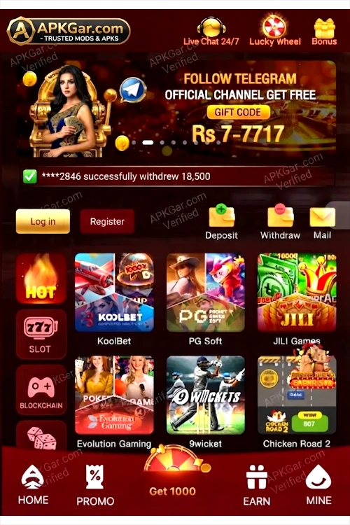 Screenshot of the APKGar.com online Y71 Game casino and gaming application lobby. The screen is set against a dark maroon background with gold accents. The top section features the APKGar logo, a live chat button, and a 'Follow Telegram' banner with a gift code offer for 'Rs 7 - 7717'. A scrolling ticker confirms a recent withdrawal. Below this are login and register buttons, along with deposit, withdraw, and mail icons. The main area displays a grid of game provider categories, including 'HOT', 'SLOT', 'Blockchain', 'KoolBet', 'PG Soft', 'JILI Games', 'Evolution Gaming', '9wickets', and 'Chicken Road 2'. The bottom navigation bar includes tabs for Home, Promo, Earn, and Mine, with a central 'Get 1000' spinning wheel icon. Watermarks reading 'APKGar.com Verified' are visible across the interface.