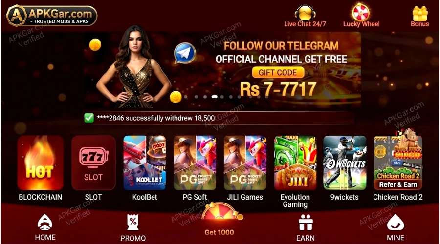 Screenshot of the APKGar.com y71 game online casino platform lobby, presented on a dark maroon background with gold accents. The top banner features the APKGar logo, live chat and lucky wheel icons, and a central image of a woman in a sequined dress advertising a Telegram channel gift code for 'Rs 7-7717'. A scrolling text ticker confirms a recent large withdrawal. Below the banner is a row of game provider icons: 'HOT', 'SLOT', 'KoolBet', 'PG Soft', 'JILI Games', 'Evolution Gaming', '9wickets', and 'Chicken Road 2'. The bottom navigation bar includes Home, Promo, a central 'Get 1000' wheel icon, Earn, and Mine tabs. Numerous 'APKGar.com Verified' watermarks are visible across the interface
