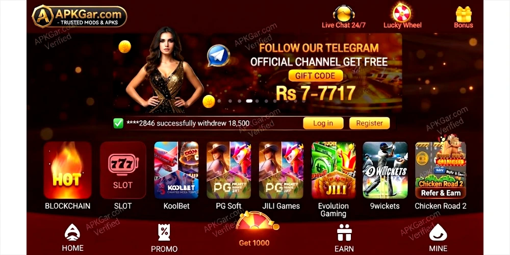 Screenshot of the online gaming lobby interface on APKGar.com, featuring a prominent banner for Best APK Games for Free Download, a model in a sequined dress, and various game provider icons like PG Soft and JILI Games.