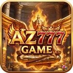A vibrant website icon for AZ777 Game, featuring a prominent gold and red logo over a detailed golden statue of a mythical figure.