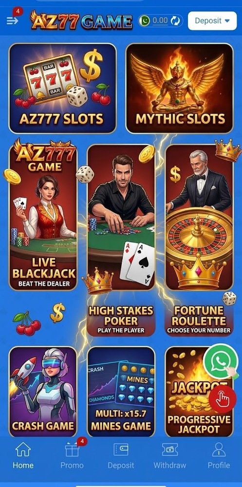 A smartphone screen displaying a collection of colorful slot game titles from the AZ777 game app, including Fortune Dragon, Chicken Road 2, and Piggy Bank