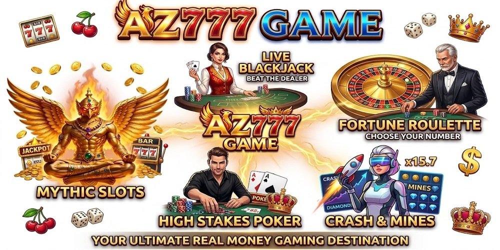 An infographic for AZ777 Game showcasing various online gambling categories: Mythic Slots with a golden deity, Live Blackjack with a dealer, Fortune Roulette with a croupier, High Stakes Poker, and Crash & Mines featuring a futuristic character.