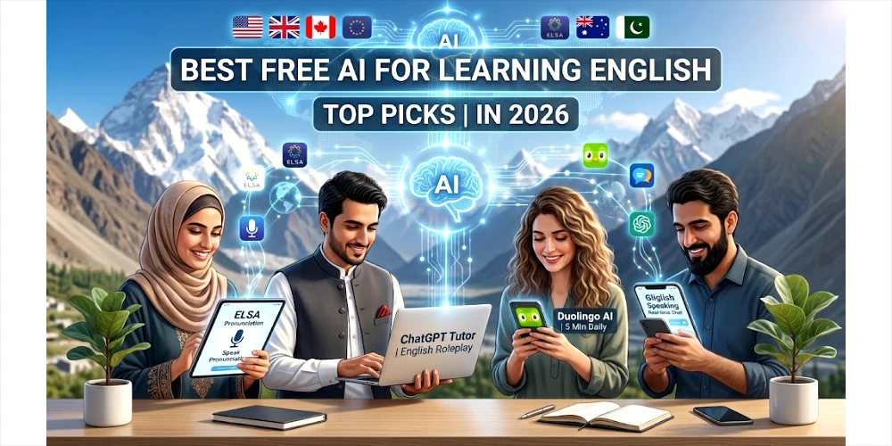 Promotional website banner for "Best Free AI for Learning English | Top Picks in 2026" showing students using laptops and smartphones with glowing AI node icons.