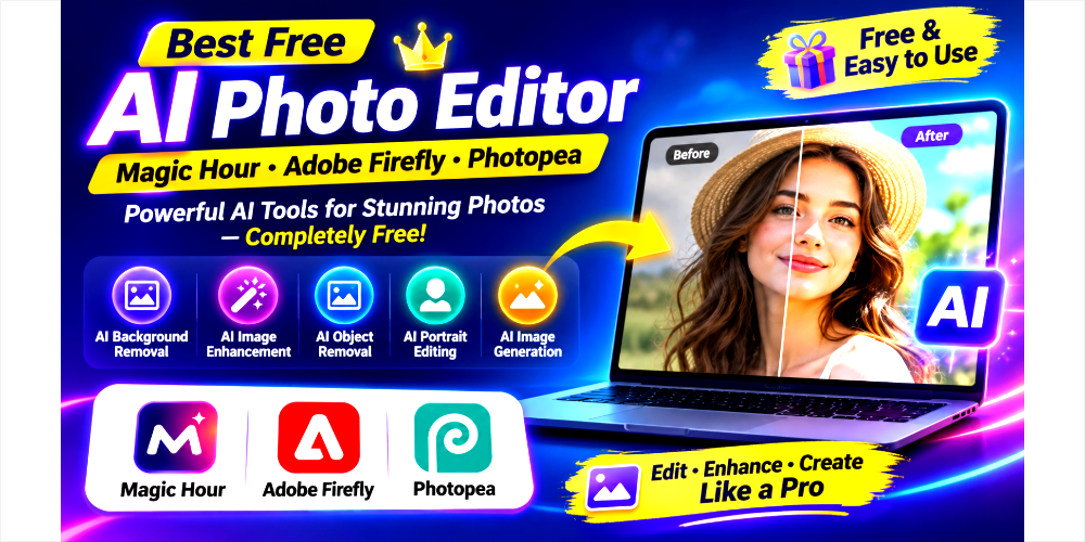 Best Free AI Photo Editor banner showcasing Magic Hour, Adobe Firefly, and Photopea with AI-powered photo editing, background removal, image enhancement, and creative design tools.