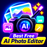 Best Free AI Photo Editor logo featuring an AI camera, magic editing tools, and creative photo enhancement icons.