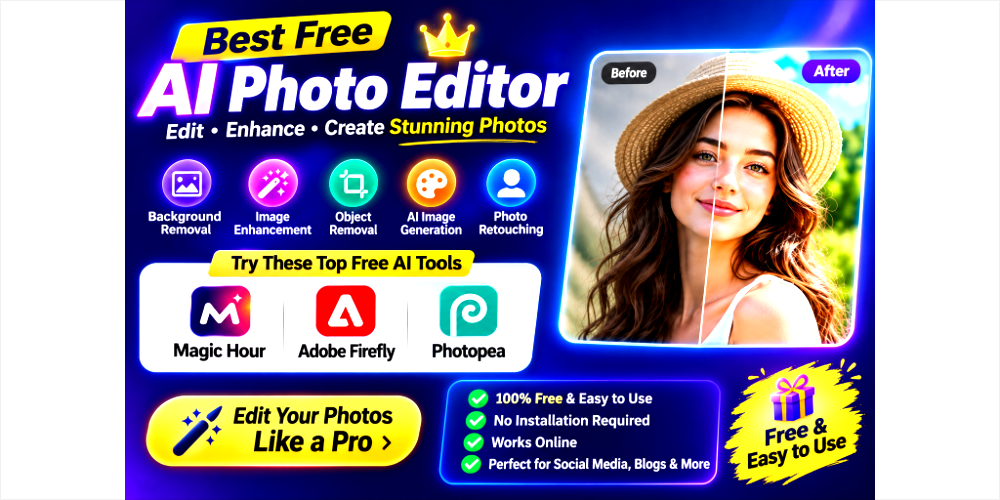 Best Free AI Photo Editor promotional image featuring Magic Hour, Adobe Firefly, and Photopea with AI-powered background removal, image enhancement, object removal, photo retouching, and before-and-after photo editing comparison.