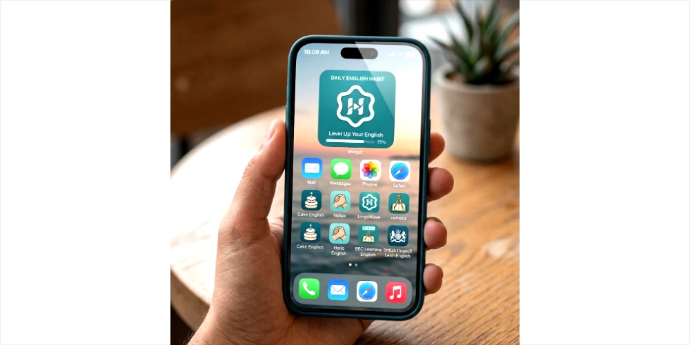 A close-up photograph of a smartphone screen displaying several free English learning apps icons on a personalized home screen widget, held by a hand.