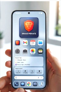 A person's hands hold a modern smartphone, displaying a custom iOS home screen. At the top, a large "BRAVE PRIVATE" widget shows the orange lion-head shield logo. Below the widget are app icons, including a small "Brave Private Browser" icon, "Gmail," "Calendar," "Files," "Settings," "Camera," "Photos," and "Wallet." Further down are widgets for "Recent Tabs" (Wikipedia, Gmail, ProtonMail) and "Quick Actions" (New Tab, Incognito, Search, Bookmarks). The phone dock contains Phone, Messages, Chrome, Camera, and a Work folder. The background is a blurred desk with plants.