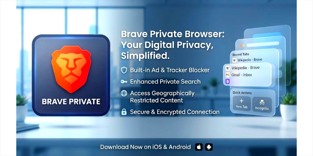 A promotional banner for "Brave Private Browser: Your Digital Privacy, Simplified." The left side features the dark square Brave Private Browser app icon with its orange lion-head shield logo and "BRAVE PRIVATE" text. To its right, a bulleted list details key features: [Shield icon] "Built-in Ad & Tracker Blocker," [Key icon] "Enhanced Private Search," [Globe icon] "Access Geographically Restricted Content," [Lock icon] "Secure & Encrypted Connection." The right side displays translucent, layered UI windows for "Recent Tabs" (Wikipedia, Gmail) and "Quick Actions" (New Tab, Incognito buttons). The background is a blurred modern office with desk plants, and the bottom text reads: "Download Now on iOS & Android" with Apple and Android app store logos.