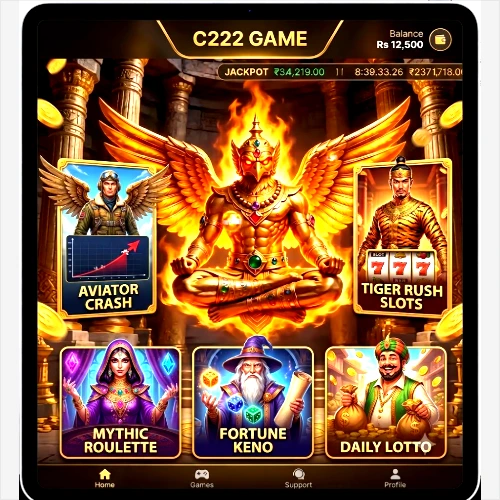 A tablet screen displaying the 'C222 GAME' interface, featuring five distinct game modules set against a background of a golden, fiery, winged deity in an ancient Egyptian-style temple with floating gold coins. Modules include 'Aviator Crash', 'Tiger Rush Slots', 'Mythic Roulette', 'Fortune Keno', and 'Daily Lotto'. A balance of Rs 12,500 and a jackpot amount are shown at the top.