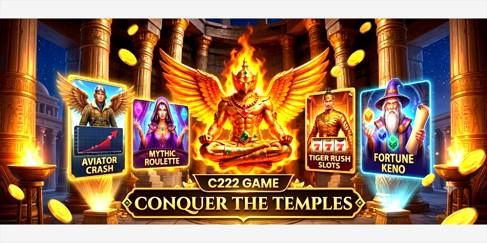 A wide casino c222 game banner featuring a large, gold and fiery winged deity in a meditative pose. This character is flanked by four distinct mini-game panels: 'Aviator Crash', 'Mythic Roulette', 'Tiger Rush Slots', and 'Fortune Keno', all within an ancient Egyptian-style temple setting with floating gold coins and the tagline 'CONQUER THE TEMPLES'.