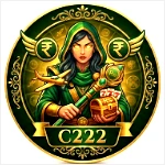 An ornate circular gold and green badge for the C222 game, featuring a mysterious hooded female sorceress with glowing golden eyes, flanked by winged Indian Rupee (₹) symbols and a floating airplane propeller. She holds a magic scepter and a treasure chest displaying the text 'C222'.