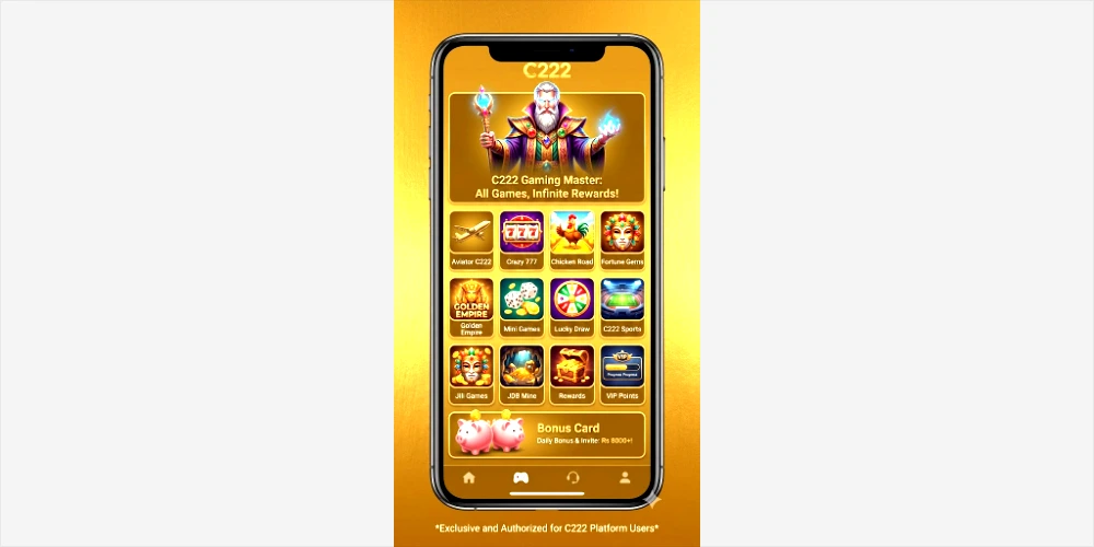 A high-resolution mobile phone screenshot displaying the C222 platform homescreen on a gold-colored background. The screen features a character art of the C222 Gaming Master with a wizard motif and 12 game icons, including Aviator C222, Crazy 777, Golden Empire, and sports, along with sections for Jili Games, rewards, VIP points, and a 'Bonus Card' with pink piggy banks.