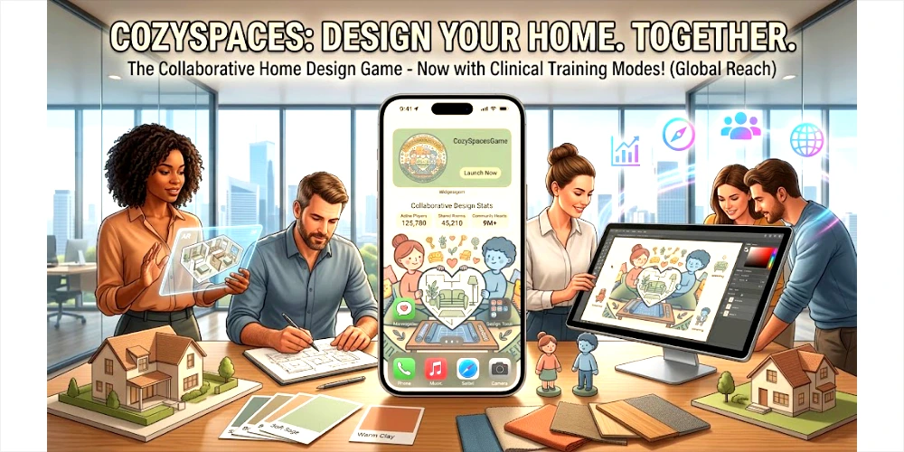 A dynamic promotional banner image for "COZYSPACES: DESIGN YOUR HOME. TOGETHER." The top text reads: "The Collaborative Home Design Game - Now with Clinical Training Modes! (Global Reach)". Below it, a group of four diverse professionals collaborate in a modern, glass-walled office with a global city skyline view.On the left, a woman with dark curly hair holds a futuristic transparent tablet showing an AR view of a 3D floor plan. Next to her, a man with a beard sketches detailed architectural plans on paper.