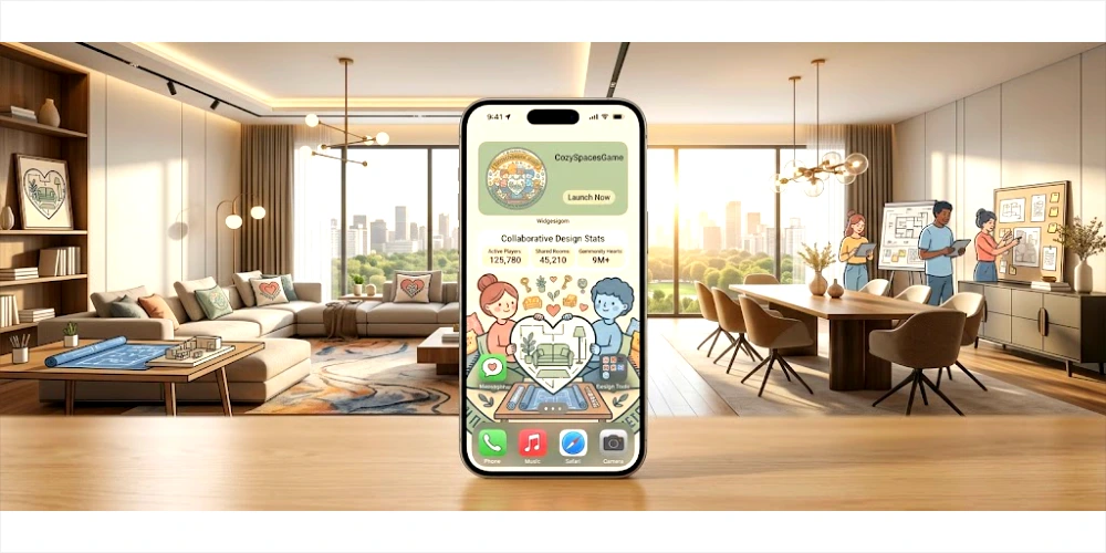 A panoramic wide website banner featuring a smartphone standing on a light wooden table against a neutral backdrop. The smartphone screen displays the CozySpacesGame mobile application, complete with a game widget labeled 'CozySpacesGame', collaborative design stats, and charming hand-drawn illustrations of two players designing a room together within a heart outline.