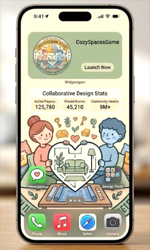 A smartphone interface for 'CozySpacesGame,' displaying a central review emblem and game statistics. At the top, a review badge is labeled 'LAUNCH NOW.' Below it, the 'Collaborative Design Stats' widget shows numerical counts for 'Active Players,' 'Shared Rooms,' and 'Community Hearts.' The screen is framed by illustrative art of two players and a central heart design, with bottom app icons for 'Phone,' 'Music,' 'Safari,' and 'Camera.' The device is on a wooden table in a blurred living room.
