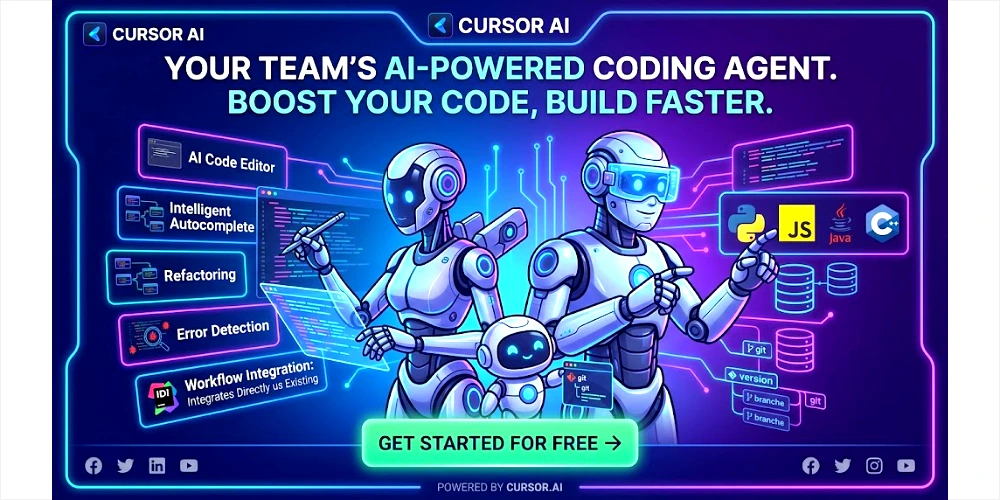 Infographic for Cursor AI showcasing the AI code editor, intelligent autocomplete, error detection, and multi-language support (Python, JS, Java, C++).