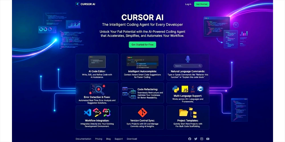 A futuristic website design showcasing the features of the Cursor AI coding agent, including an AI code editor and intelligent autocomplete.
