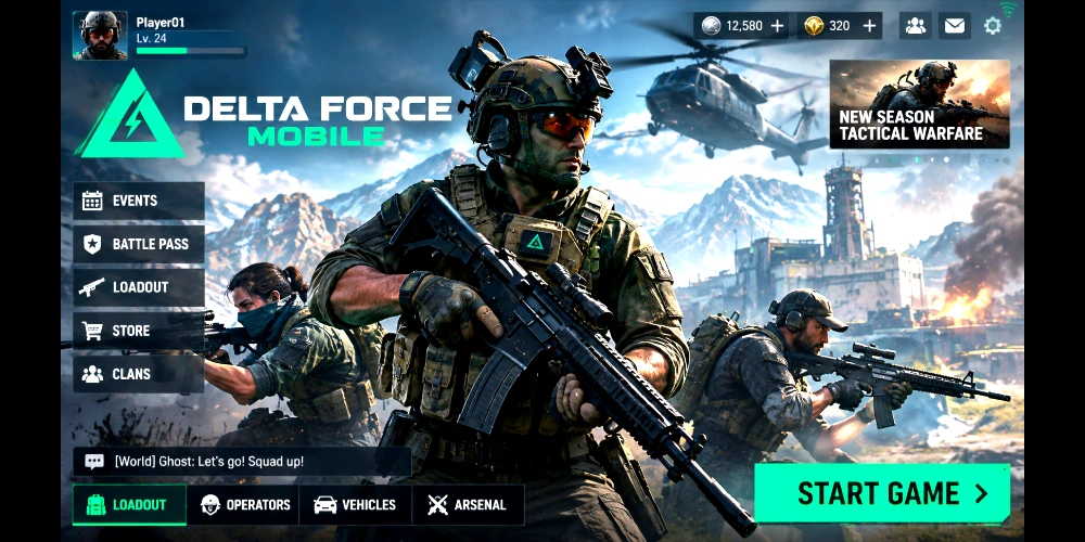 Delta Force Mobile APK Download latest version home screen featuring the main game lobby, tactical soldiers, and multiplayer interface for Android.