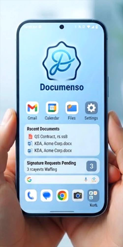 A close-up photograph of a modern smartphone held in two hands. The phone screen is on, displaying the Documenso mobile application interface. The top of the screen shows the Documenso logo (a stylized blue 'D' in a badge) and the name "Documenso." Below this, there's a grid of common app icons (Gmail, Calendar, Files, Settings). A central widget, labeled "Recent Documents," lists three items: "QS Contract, rs.ssB," "KDA, Acme Corp.docx," and a duplicate entry "KDA, Acme Corp.docx." Below that, a "Signature Requests Pending" widget shows "3 rcayievts Waffing," with a large number '3' in a rounded box. At the very bottom, a standard Android navigation bar is visible. The background is a softly blurred, minimalist home office with a plant. The lighting is soft and even.