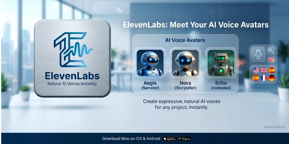 A promotional banner for ElevenLabs, titled "Meet Your AI Voice Avatars". On the left, a metallic square icon displays the blue and white ElevenLabs logo and the text "Natural AI Voices Instantly". In the center, three distinct robot avatars, named Aegis (Narrator), Novs (Storyteller), and Echo (Animated), are presented within square frames. To their right, icons for voice recording and text-to-speech are shown above a stack of language flags (US, UK, Spanish, French, German). Below the avatars, text reads: "Create expressive, natural AI voices for any project, instantly." The background is a blurred modern office, and a footer bar at the bottom contains app store download links.
