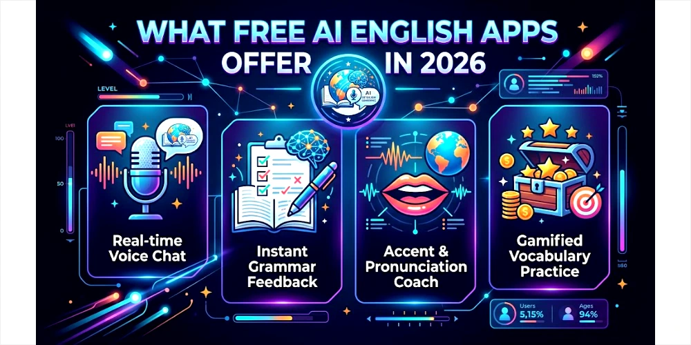 Promotional banner illustrating key features of free AI English learning apps in 2026, including real-time voice chat, instant grammar feedback, accent coaching, and gamified vocabulary practice.