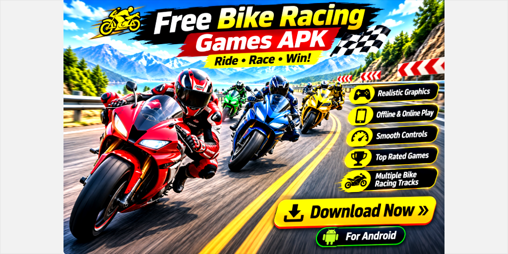 Free Bike Racing Games APK promotional image featuring a group of motorcycle racers speeding on a mountain road with realistic graphics and exciting multiplayer racing action