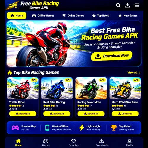 Free Bike Racing Games APK homepage showcasing the best Android bike racing games with featured downloads, offline gameplay, and top-rated motorcycle racing titles.