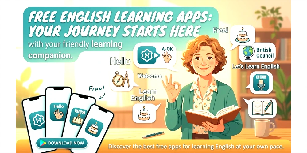 An illustration of a woman in a room surrounded by a desk and bookshelf, promoting free English learning apps with her hands making an OK sign.