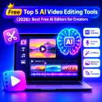 Blog post icon featured graphic for Free Top 5 AI Video Editing Tools (2026) showing a laptop displaying an AI video timeline, smart editing tools, and neon icons.